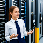 A professional female engineer in modest business casual attire stands confidently beside a compact edge computing server unit within a bustling smart factory. Data streams visibly from surrounding IoT sensors and industrial machinery directly to the local edge device, illustrating rapid, on-site processing. The background shows a clean, organized factory floor with advanced automation. The scene emphasizes efficiency, low latency, and reduced data transmission costs. safe for work, appropriate content, fully clothed, professional, perfect anatomy, correct proportions, natural pose, well-formed hands, proper finger count, natural body proportions, professional photography, high quality, realistic.