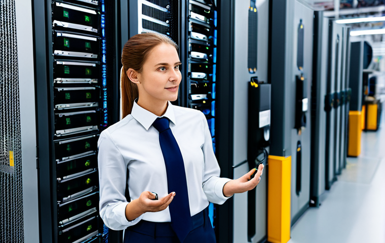 A professional female engineer in modest business casual attire stands confidently beside a compact edge computing server unit within a bustling smart factory. Data streams visibly from surrounding IoT sensors and industrial machinery directly to the local edge device, illustrating rapid, on-site processing. The background shows a clean, organized factory floor with advanced automation. The scene emphasizes efficiency, low latency, and reduced data transmission costs. safe for work, appropriate content, fully clothed, professional, perfect anatomy, correct proportions, natural pose, well-formed hands, proper finger count, natural body proportions, professional photography, high quality, realistic.