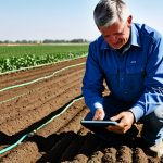 Smart Irrigation in Action**

"A farmer in a field, using a tablet to monitor soil moisture data from sensors, automated irrigation system sprinkling water on crops in the background, fully clothed, appropriate attire, safe for work, perfect anatomy, natural proportions, professional photography, bright daylight, optimistic atmosphere, focus on technology enhancing agriculture, family-friendly, modest attire."

**