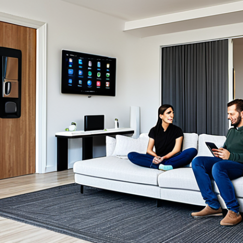 Smart Home Security**

"A modern living room with smart home devices visible, fully clothed family relaxing, emphasis on security: smart lock on the door, security camera in corner, tablet displaying security dashboard. Safe for work, appropriate content, perfect anatomy, natural proportions, professional, well-lit, family-friendly."

**