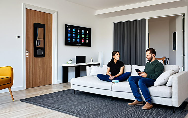 Smart Home Security**

"A modern living room with smart home devices visible, fully clothed family relaxing, emphasis on security: smart lock on the door, security camera in corner, tablet displaying security dashboard. Safe for work, appropriate content, perfect anatomy, natural proportions, professional, well-lit, family-friendly."

**