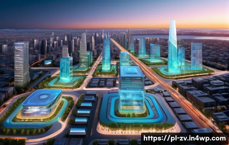 セン서 네트워크의 데이터 관리 플랫폼 비교 - **Prompt:** A futuristic, bustling smart city at dusk, viewed from a slightly elevated angle. Hologr...