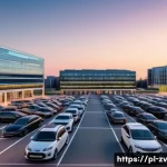 Home 19 스마트 주차 시스템의 센서 네트워크 활용 - A modern urban parking lot in Warsaw at dusk, featuring rows of parking spaces equipped with ultraso...