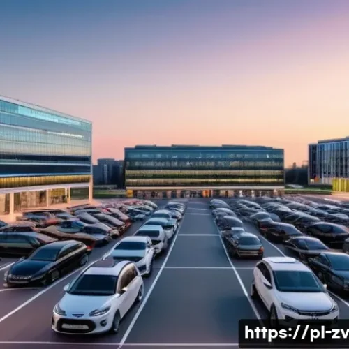 Home 31 스마트 주차 시스템의 센서 네트워크 활용 - A modern urban parking lot in Warsaw at dusk, featuring rows of parking spaces equipped with ultraso...