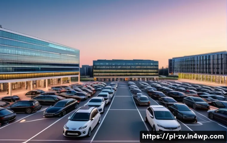 스마트 주차 시스템의 센서 네트워크 활용 - A modern urban parking lot in Warsaw at dusk, featuring rows of parking spaces equipped with ultraso...