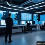 Home 23 센서 네트워크 보안 문제 해결하기 - A futuristic industrial IoT sensor network control room in Warsaw, Poland, showing a diverse team of...