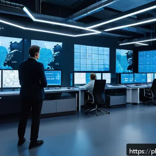 Home 17 센서 네트워크 보안 문제 해결하기 - A futuristic industrial IoT sensor network control room in Warsaw, Poland, showing a diverse team of...