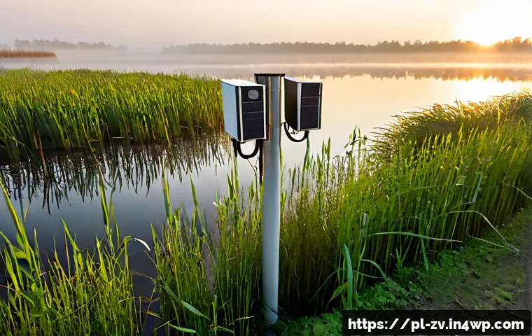 Home 17 환경 모니터링을 위한 센서 네트워크 활용 - Photorealistic environmental sensor network in a Polish wetland reserve at dawn, several small weath...