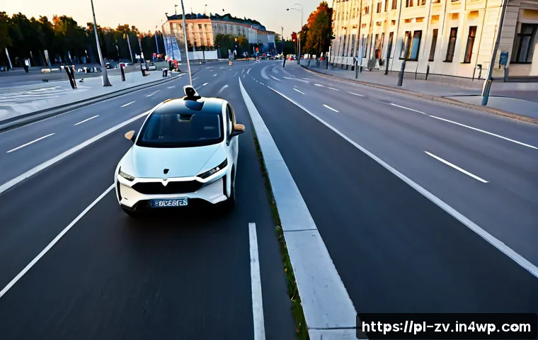 Home 17 자율주행차와 센서 네트워크의 연관성 - Photorealistic autonomous electric car driving through a clean modern Warsaw intersection at sunrise...