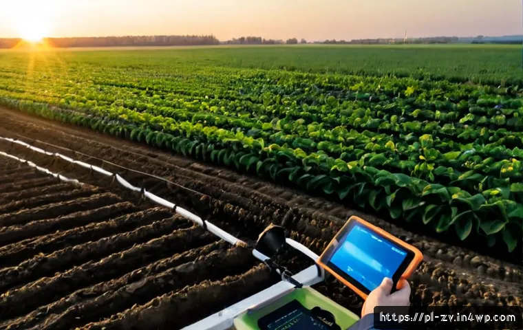 Home 17 센서 네트워크의 신뢰성 향상 방안 - Photorealistic smart agriculture field in rural Poland at sunrise, sturdy weatherproof wireless sens...